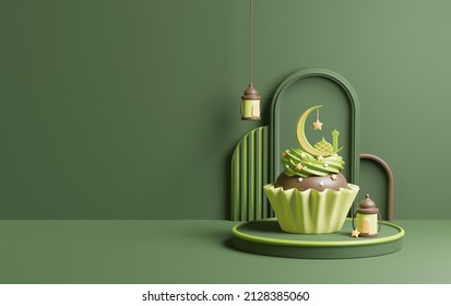3d rendering ramadan islamic cupcake for muslim festivity in organic green color with crescent moon, lantern, traditional lamp. Cupcake on modern podium or pedestal.