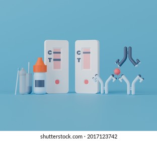 3d Rendering Rapid Antigen Test Kit With Nasopharyngeal Swab, Buffer Reagent, Antibody And Virus.