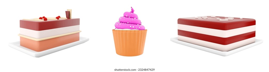 3d rendering raspberry cupcake, Raspberry cheesecake and coconut flaked cheesecake icon set. 3d render dessert concept icon set. - Powered by Shutterstock