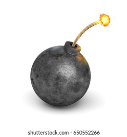 3d Rendering Of A Realistic Black Iron Round Bomb With A Lit Burning Fuse On White Background. Destruction And Danger. Arms And Weapons. Explosions.