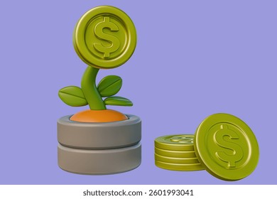 3d rendering, 3d realistic, dollar coin money plant and stacked coins