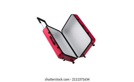 3D rendering, Realistic of flying red opening suitcase mock up, empty luggage falling down, isolated on white background.