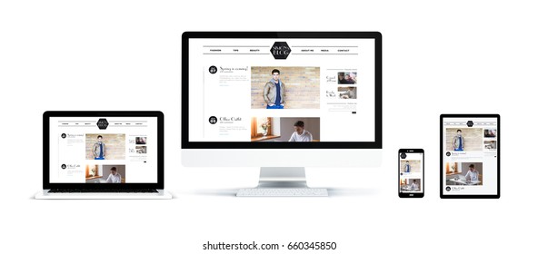 3d rendering of realistic isolated devices showing responsive blog website on screen: tablet, phone, computer and laptop on white background. 