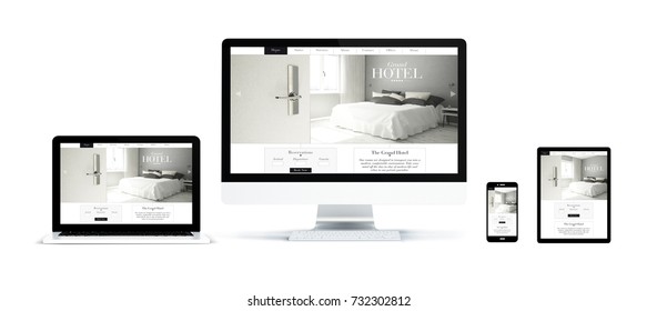 3d Rendering Of Realistic Isolated Devices Showing Hotel Landing Page On Screen: Tablet, Phone, Computer And Laptop On White Background. 