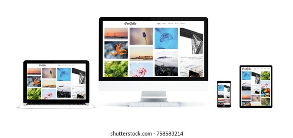 3d Rendering Of Realistic Isolated Devices Showing Portfolio Photo Website On Screen: Tablet, Phone, Computer And Laptop On White Background.