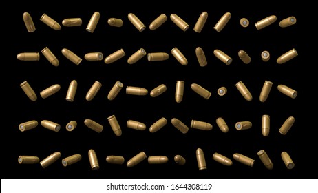 3D Rendering, Realistic mock up of bullets falling, isolated on black background.