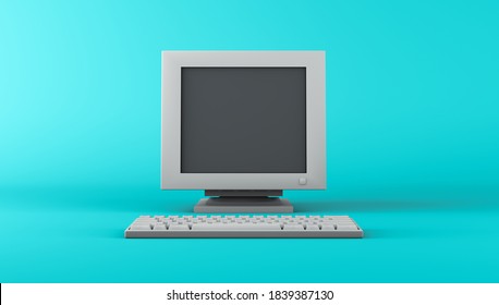 3D Rendering, Realistic Mock Up Old Computer Set With Empty Space Screen Monitor, Vintage Style Or Classic Technology Object, Green Color Background.