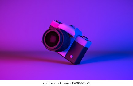 3D Rendering, Realistic mock up 
tilted vintage camera in neon blue purple colors lighting and background. - Powered by Shutterstock