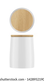 3D rendering realistic Mock-up ceramic jar with Wood lid Isolated on White Background