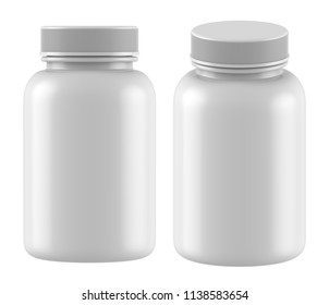 3D rendering realistic plastic bottle for pharmaceutical, supplement, vitamin, chemical. Mock-up template on white background