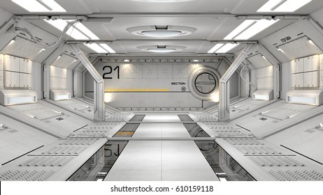 3D rendering of realistic sci-fi spaceship corridor