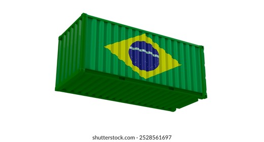 3D rendering, Realistic shipping container mock up with Brazil national flag, Import and Export business logistic icon and symbol design, isolated on white background.