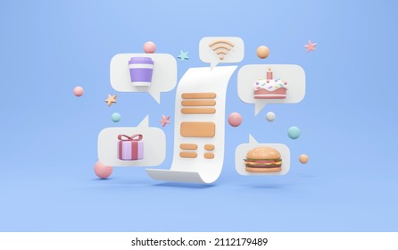 3D Rendering of receipt bill and coffee cup Wifi icon gift burger cake  concept of bill payment categories and excess payment. 3D render illustration cartoon style. 
