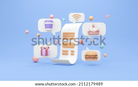 3D Rendering of receipt bill and coffee cup Wifi icon gift burger cake  concept of bill payment categories and excess payment. 3D render illustration cartoon style.  Foto d'archivio © 