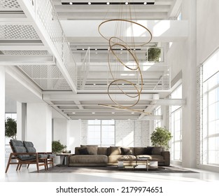 3d rendering 
Reception area or waiting room. Spacious room with walls in different white textures and lots of sunlight through the large glass windows. Design furniture in dark colors. Golden lamp ha