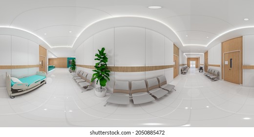 3D Rendering Reception In A Modern Panorama .Interior Hospital Modern Design . Counter And Waiting Area  Empty Reception  Corridior .Medical Practice Concept.