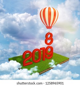 3d rendering of red 2019 digits standing on a patch of green lawn floating among clouds in blue sky and a hot air balloon carrying digit 8 away. Start anew. New year brings new beginnings. Feeling - Powered by Shutterstock