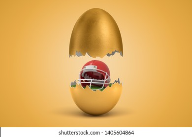 3d Rendering Of Red American Football Helmet Hatching Out Of Golden Egg On Yellow Background. Games And Sports. Outdoor Activities. Sporting Goods.