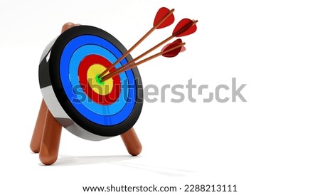 3D rendering of Red arrow hit to center of dartboard, Archery target and bullseye, Business success and investment goal concept