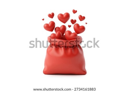 3d rendering of a red bag overflowing with numerous red hearts, symbolizing abundance of love or gifts. Isolated on white.