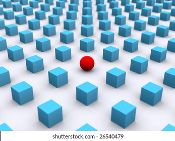 3d rendering of a red ball amidst blue boxes