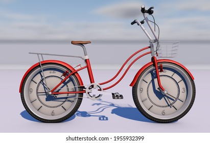 3D Rendering Of A Red Bicycle With A Clock In Wheels Close Up