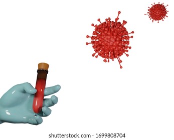 3D rendering the red blood in the test tube is in the hand wearing blue hygiene gloves. Microscope virus close up Coronavirus 2019, Coronavirus concept , 3D illustration