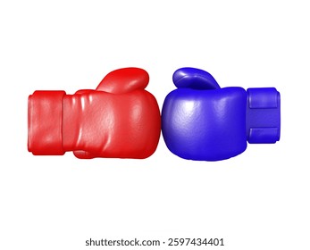 3D Rendering of red and blue boxing gloves hitting each other. 3D Rendering isolated on white.