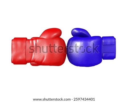 3D Rendering of red and blue boxing gloves hitting each other. 3D Rendering isolated on white.