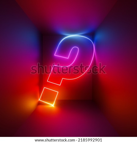 3d rendering, red blue neon question mark, digital symbol inside square box glowing in infrared light
