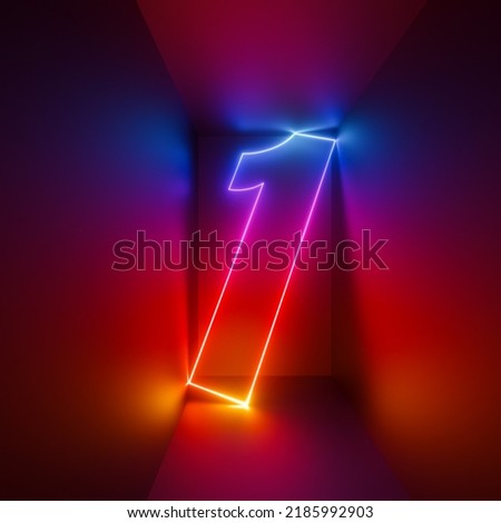 3d rendering, red blue neon number one, digital symbol inside square box glowing in infrared light
