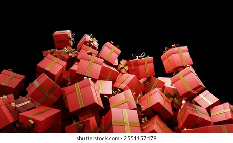 3d rendering of red christmas gift boxes with golden ribbons piling up against a black background - Powered by Shutterstock