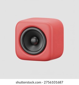 A 3D rendering of a red cube shaped speaker with a black woofer, positioned on a light gray background, showcasing its modern design and vibrant color