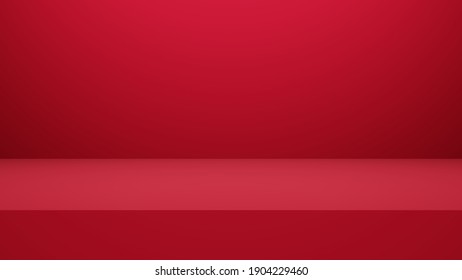 3D Rendering Of Red Empty Studio Room, Product Background, Template Mockup For Valentine's Day Display. Love Concept