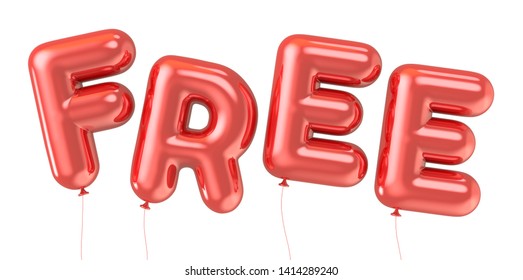 3d rendering red FREE foil balloon phrase on white background