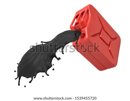 3d rendering of red gasoline can with black oil pouring isolated on white background. Digital art. Objects and materials. Fuel and oil.