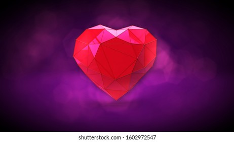 3D Rendering Red Heart Plexus Polygon On A Bokeh Purple Background.