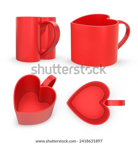 3D Rendering Red Heart Shaped Coffee Mug Different Angles Isolated On White Background