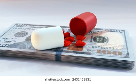 A 3D rendering of a red heart-shaped object and a drug capsule on top of a pile of $100 bills.