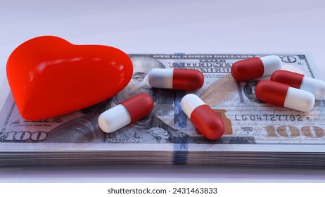 A 3D rendering of a red heart-shaped object and a drug capsule on top of a pile of $100 bills.