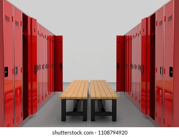 3d rendering. red lockers rows separated by a wooden bench.