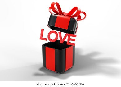 3d rendering of red love text in black gift box
