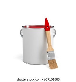 3d rendering of a red paint jar and a wooden brush with a red handle on white background. Choose right color. Renovating your house. DIY.