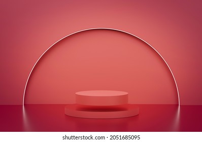 3d Rendering Red Podium Background. Floating Redi Podium With Neon Half Circle In The Background