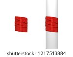 3d rendering of a red present tape wrapped around a white post and empty space. Gift tape. Present box ribbon. Packing materials.