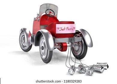 3d rendering of the red retro pedals car with Just Married banner sign and rope tied cans at the bumper, isolated on white background with clipping paths.