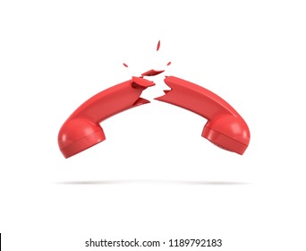 3d Rendering Of A Red Retro Phone Receiver Broken In Half On A White Background. Important Call. Stop Communication. Broken Phone Line.