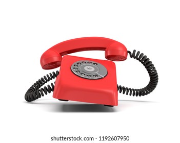 3d Rendering Of A Red Retro Phone With A Round Rotary Dial That Rings With The Phone Itself And The Handle Lifted Up. Red Phone. Important Call. Emergency Phone.