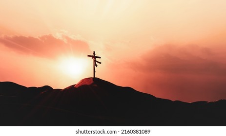3D rendering - red sky and clouds and light and the cross of the death and resurrection of Jesus Christ