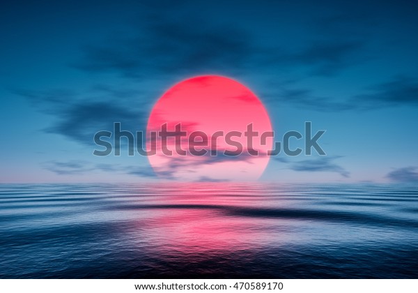 3d rendering of a red sunset over the blue sea
